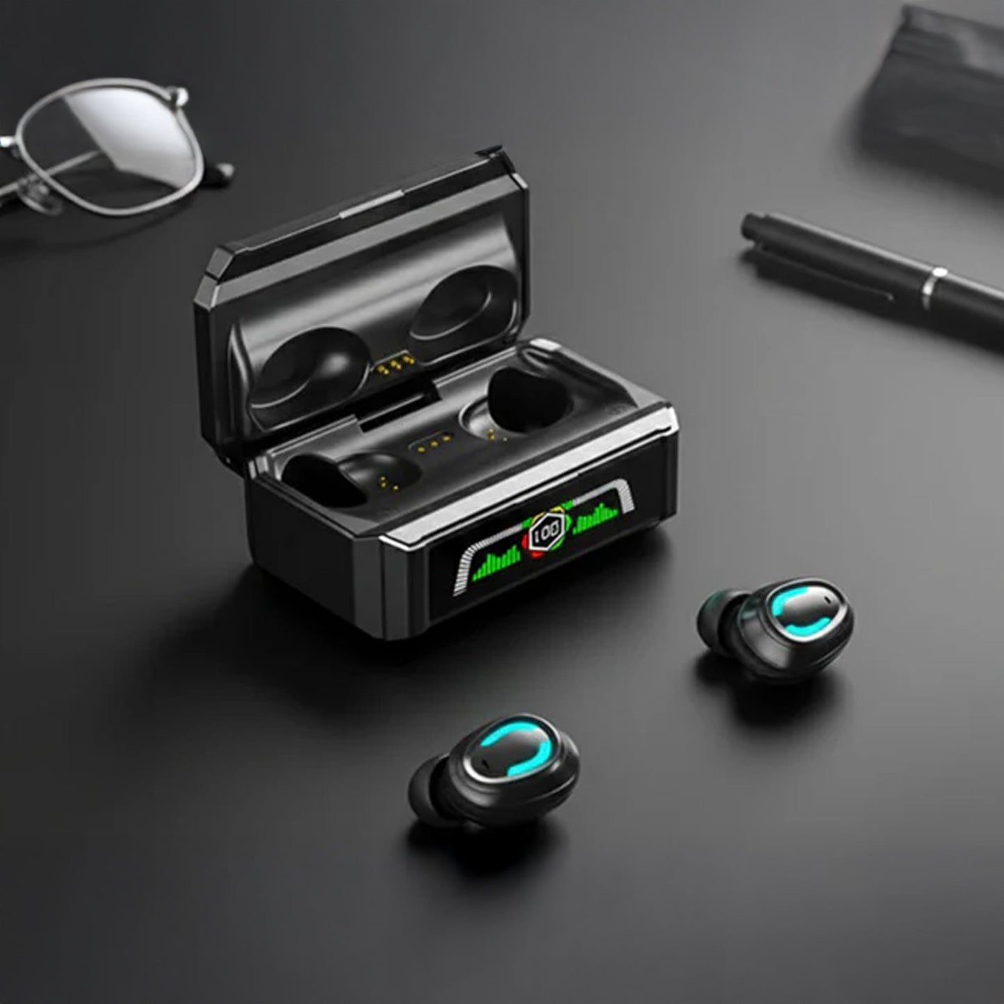 CTRL8 true wireless earbuds with powerbank case and display clock, perfect for professional workspace setups