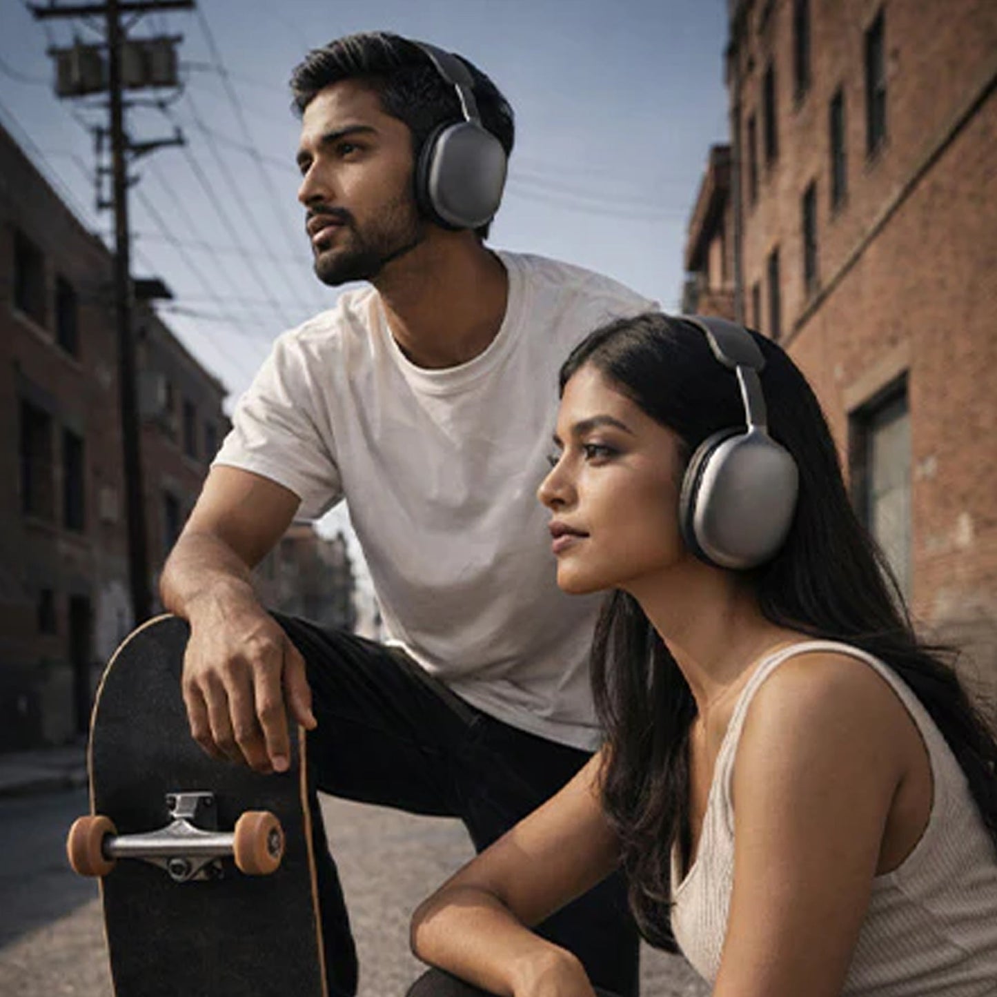 Two users enjoying music with CTRL8 Bluetooth headphones in an urban street setting