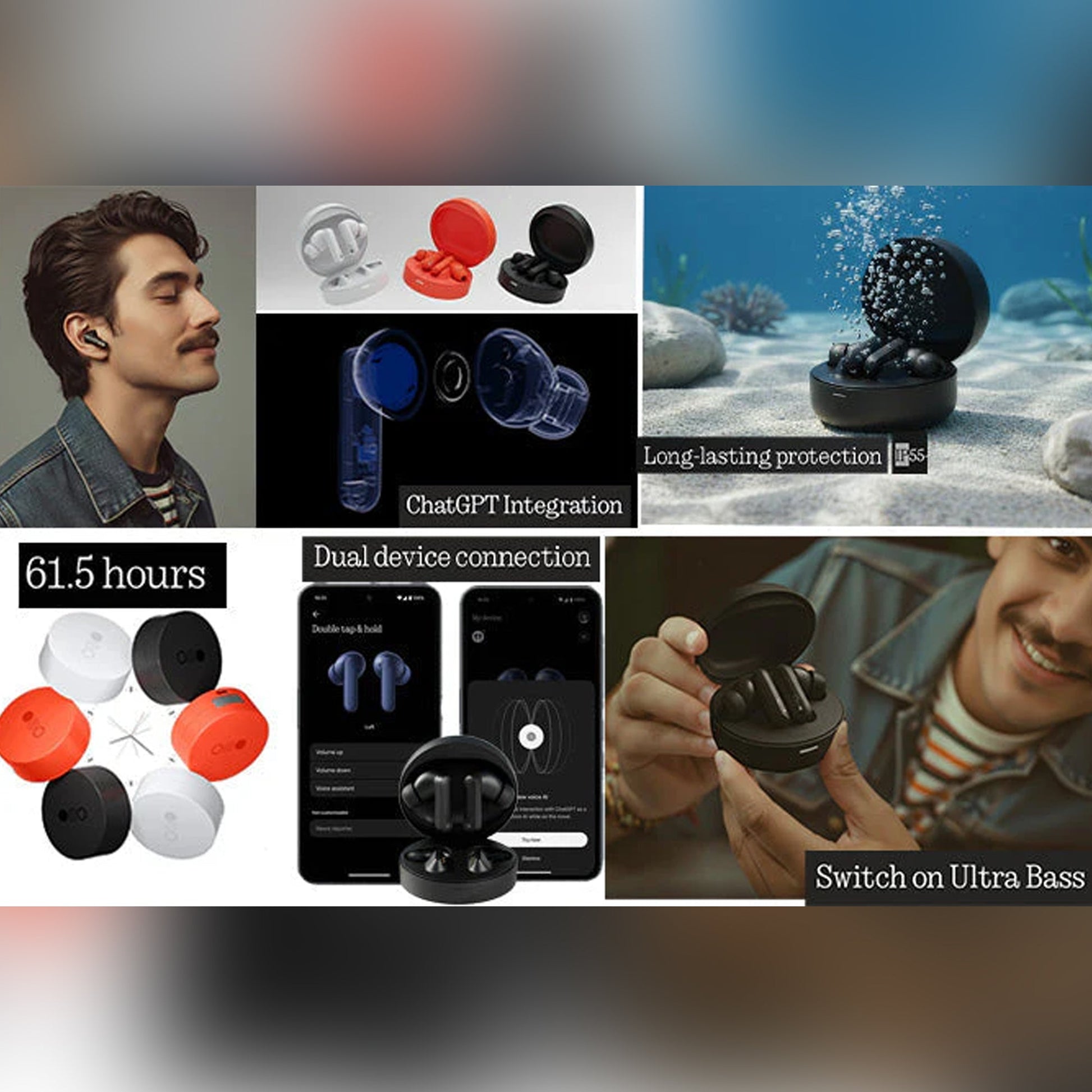 CTRL8 wireless earbuds featuring dual device connection and long-lasting protection in black variant