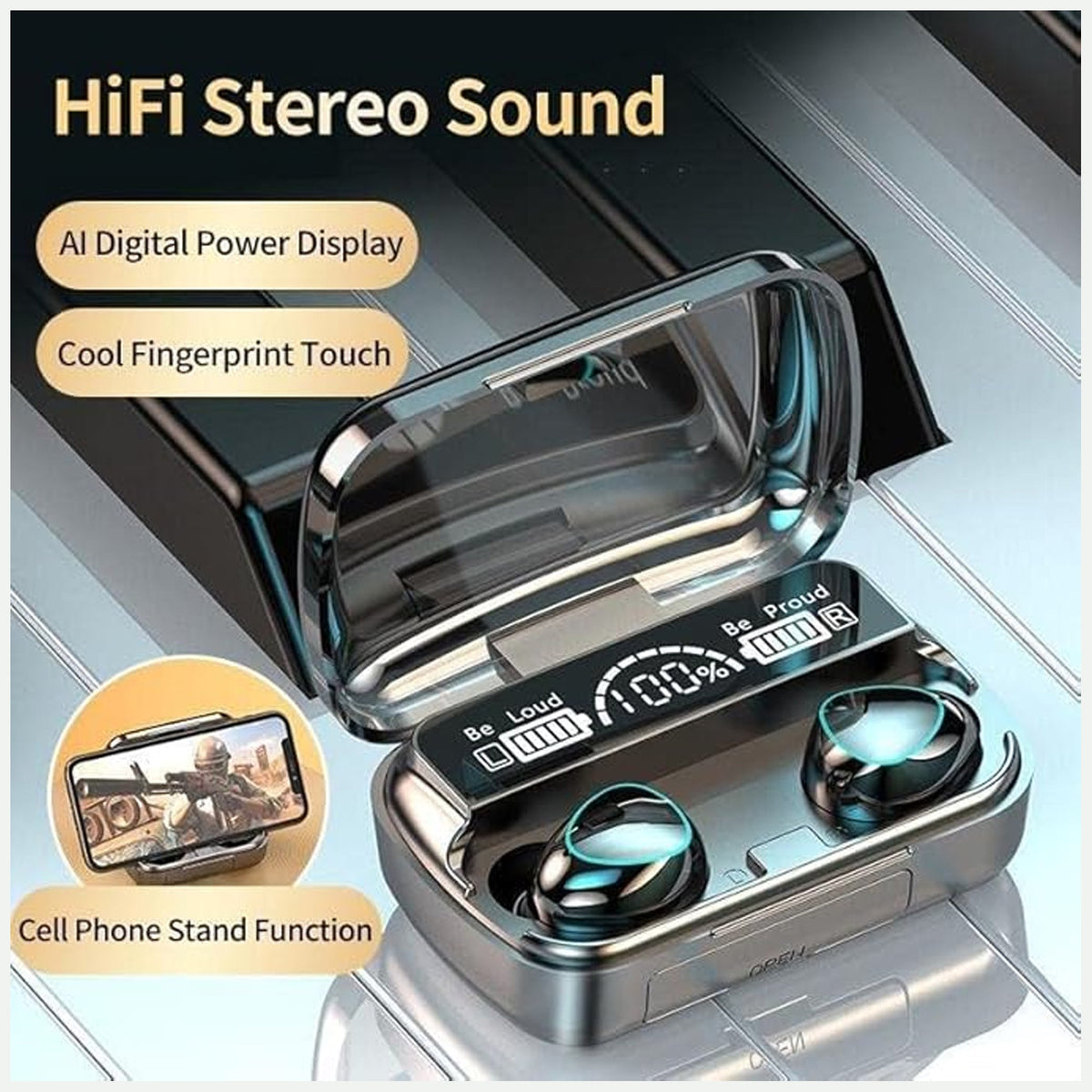 CTRL8 true wireless earbuds featuring HiFi stereo sound, digital power display, and cell phone stand function