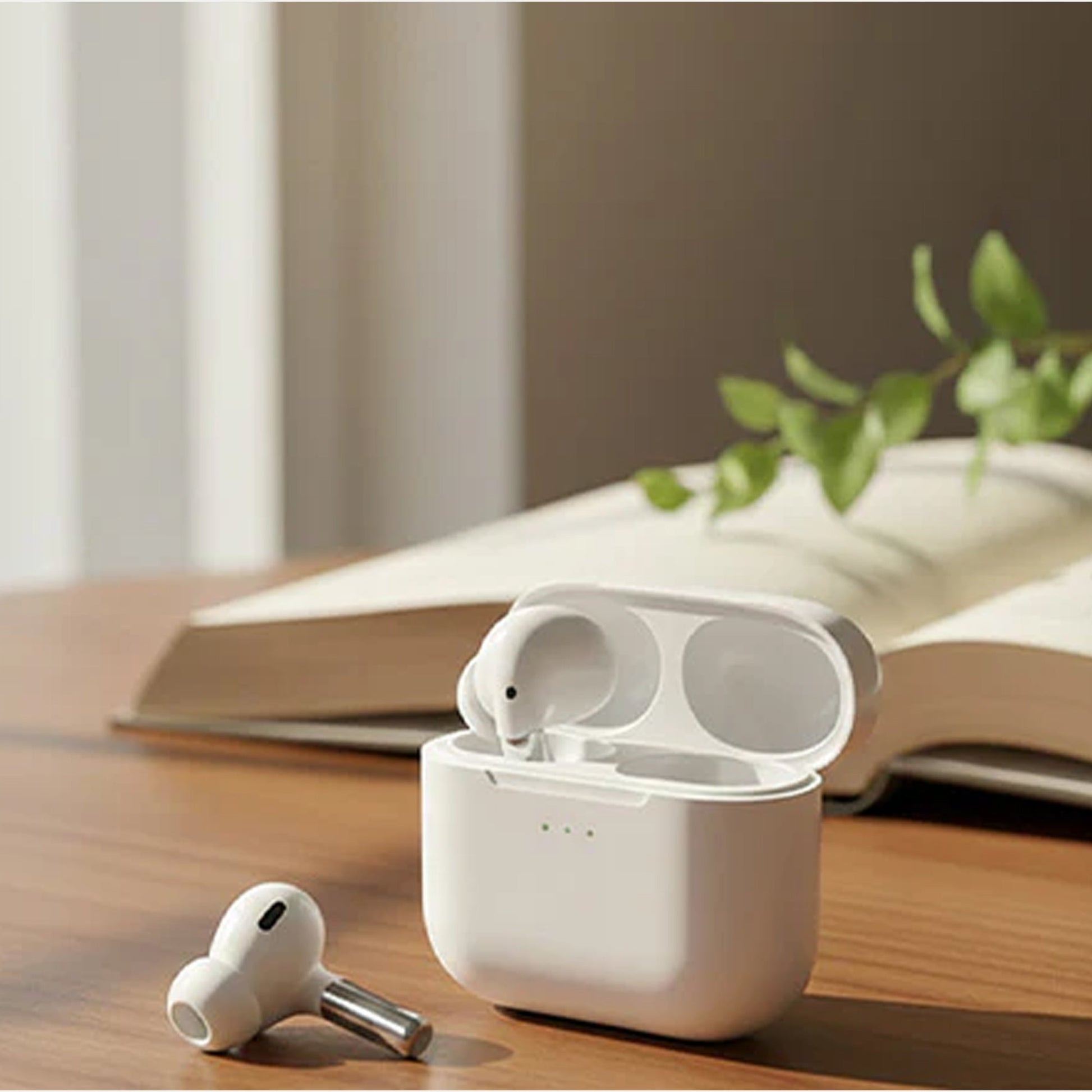 CTRL8 wireless gaming earbuds with mic placed on a wooden desk beside an open book, ideal for casual use and immersive sound
