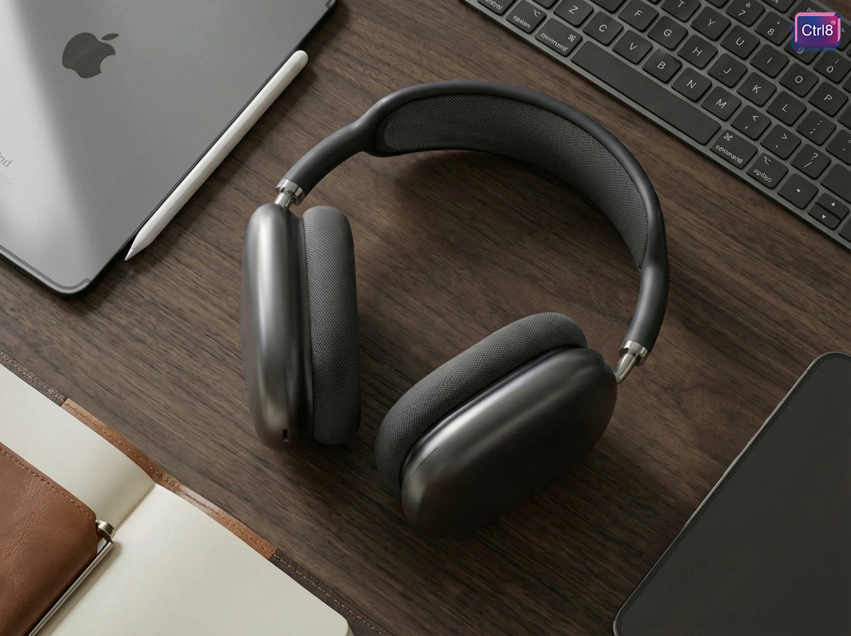 CTRL8 P9 Bluetooth headphones placed on a wooden desk, ideal for work or study with wireless convenience.