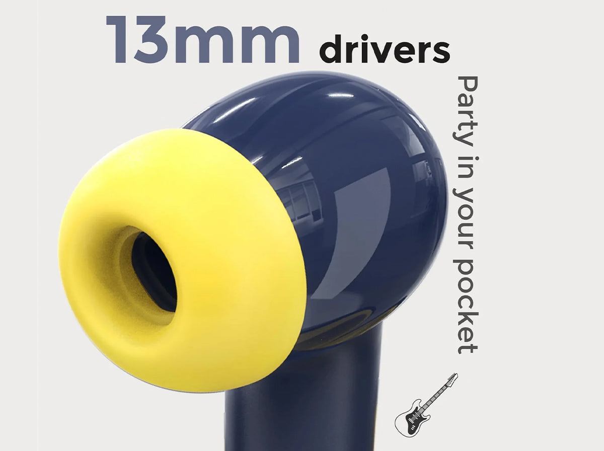 CTRL8 truly wireless earbuds featuring 13mm drivers for enhanced bass with vibrant blue and yellow design