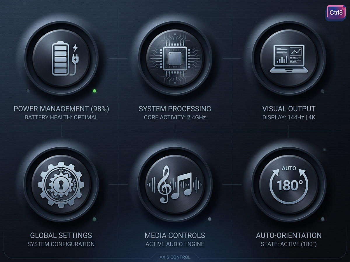 CTRL8 Smart Display Wireless Earbud BM featuring advanced system controls including battery management, audio engine, and 144Hz 4K display