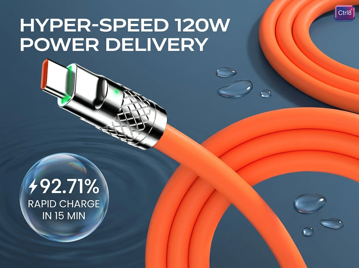 CTRL8 fast charging cable with 120W power delivery and 92.71% rapid charge in 15 minutes, vibrant orange design.