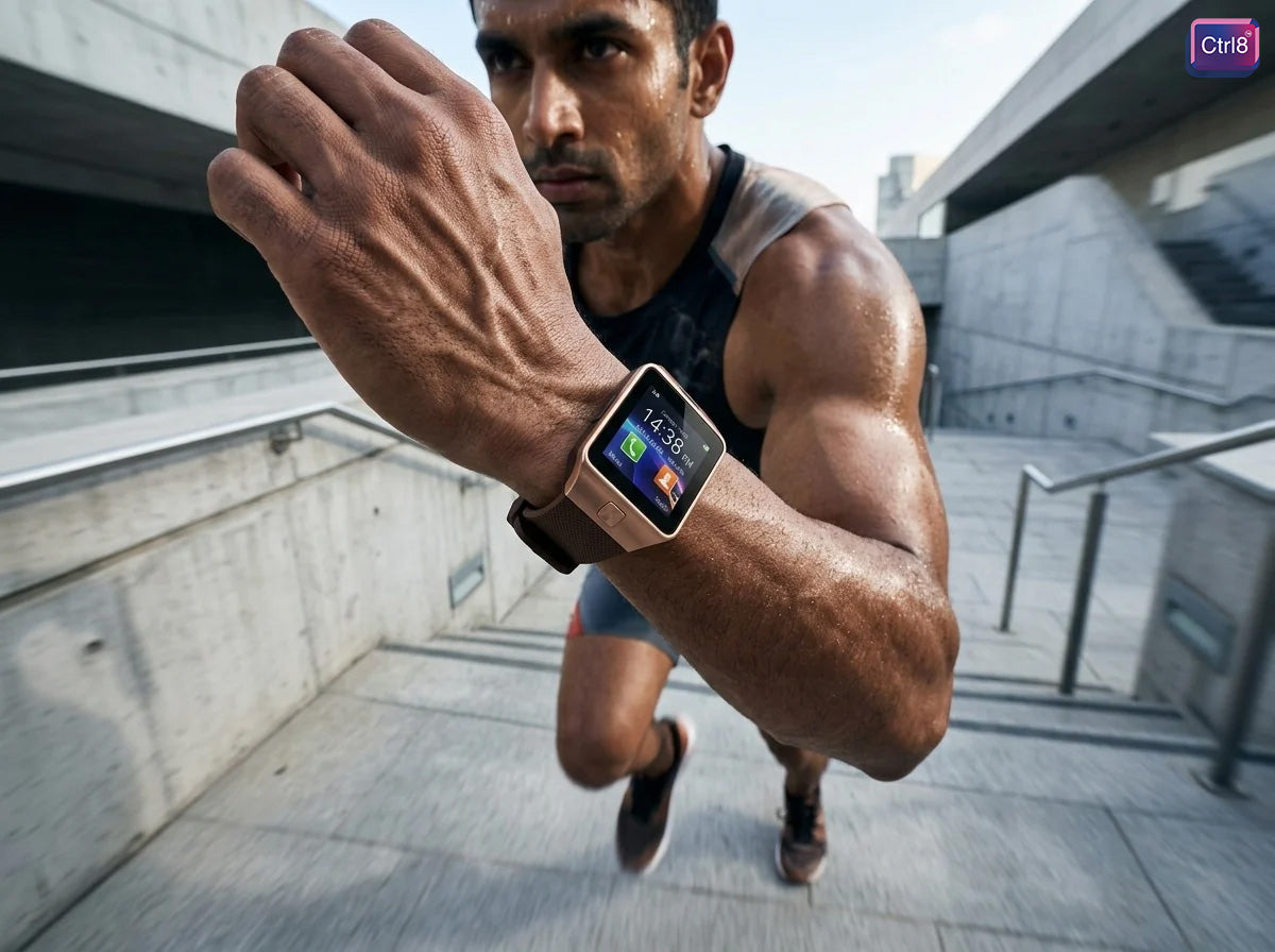 Athlete wearing CTRL8 smartwatch with SIM and memory card slot while running outdoors