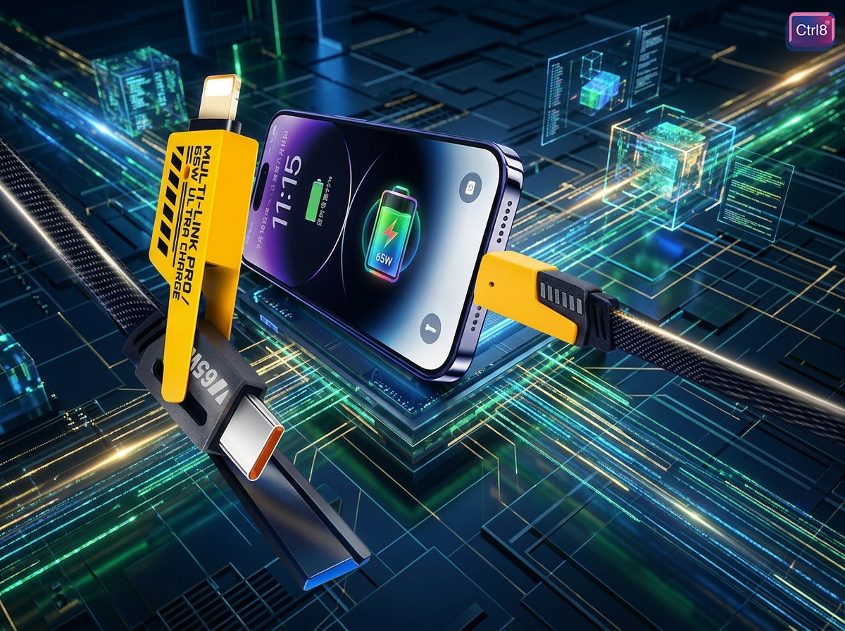 CTRL8 4-in-1 fast charging cable with Type C ports powering a smartphone in a tech-inspired setting