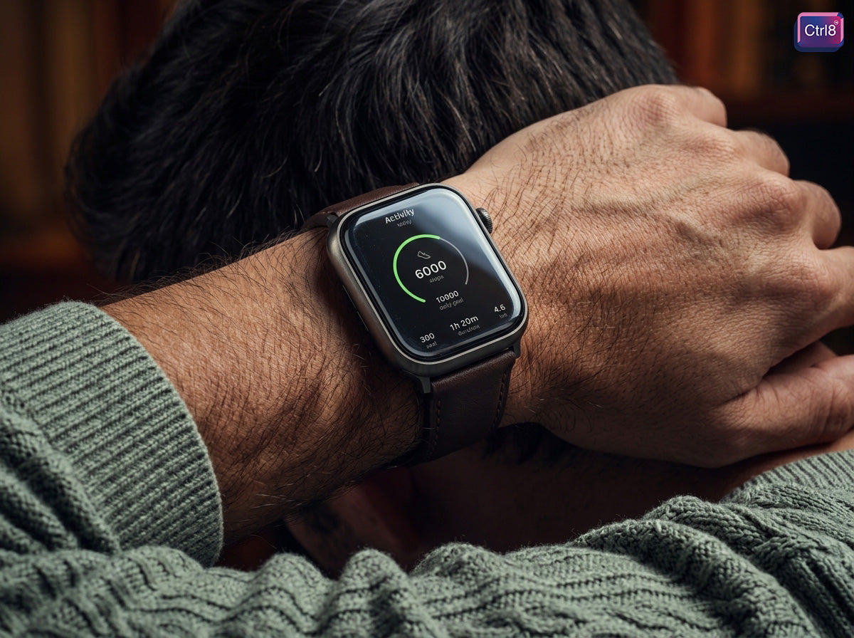 Person wearing CTRL8 smartwatch with Bluetooth calling and ECG feature, tracking activity stats