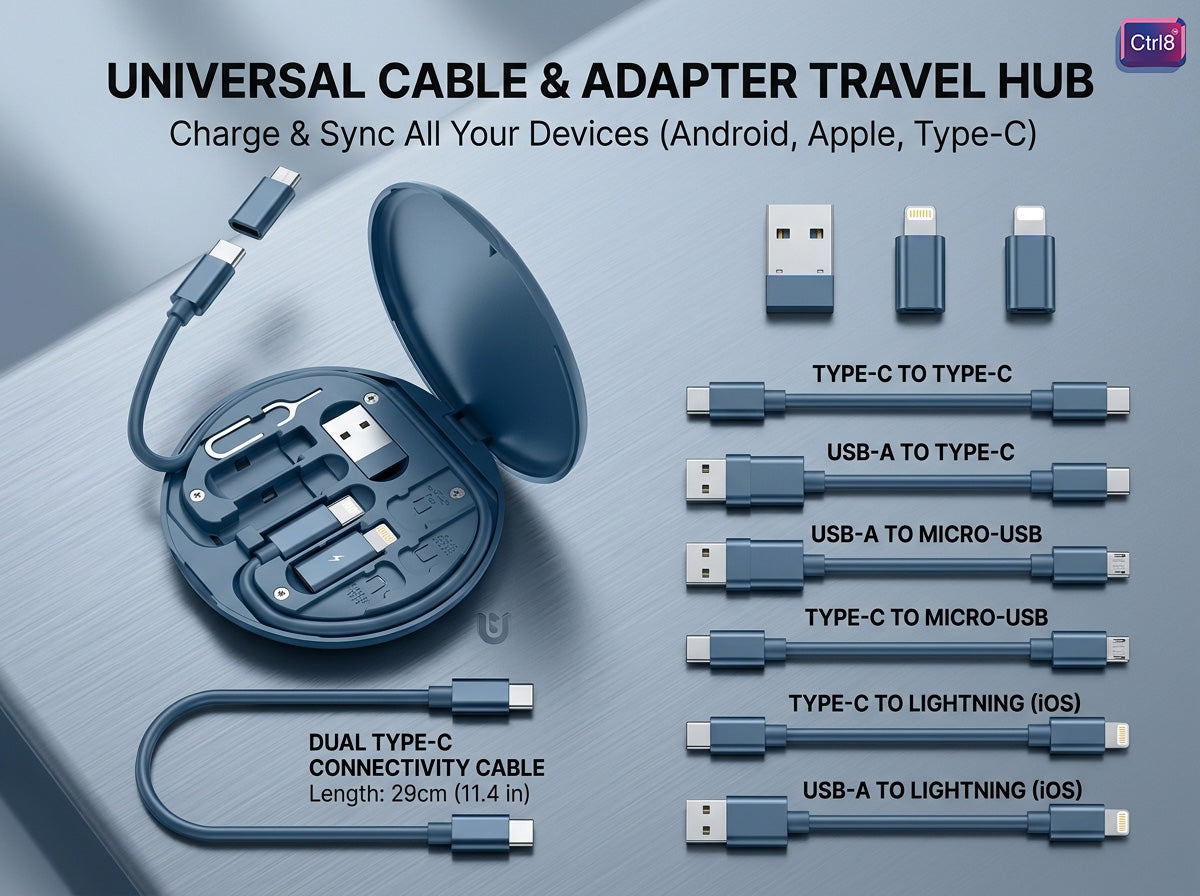 CTRL8 5-in-1 Multi-Connector Fast Charging Cable Kit showcasing universal adapters and dual Type-C cable for versatile device compatibility