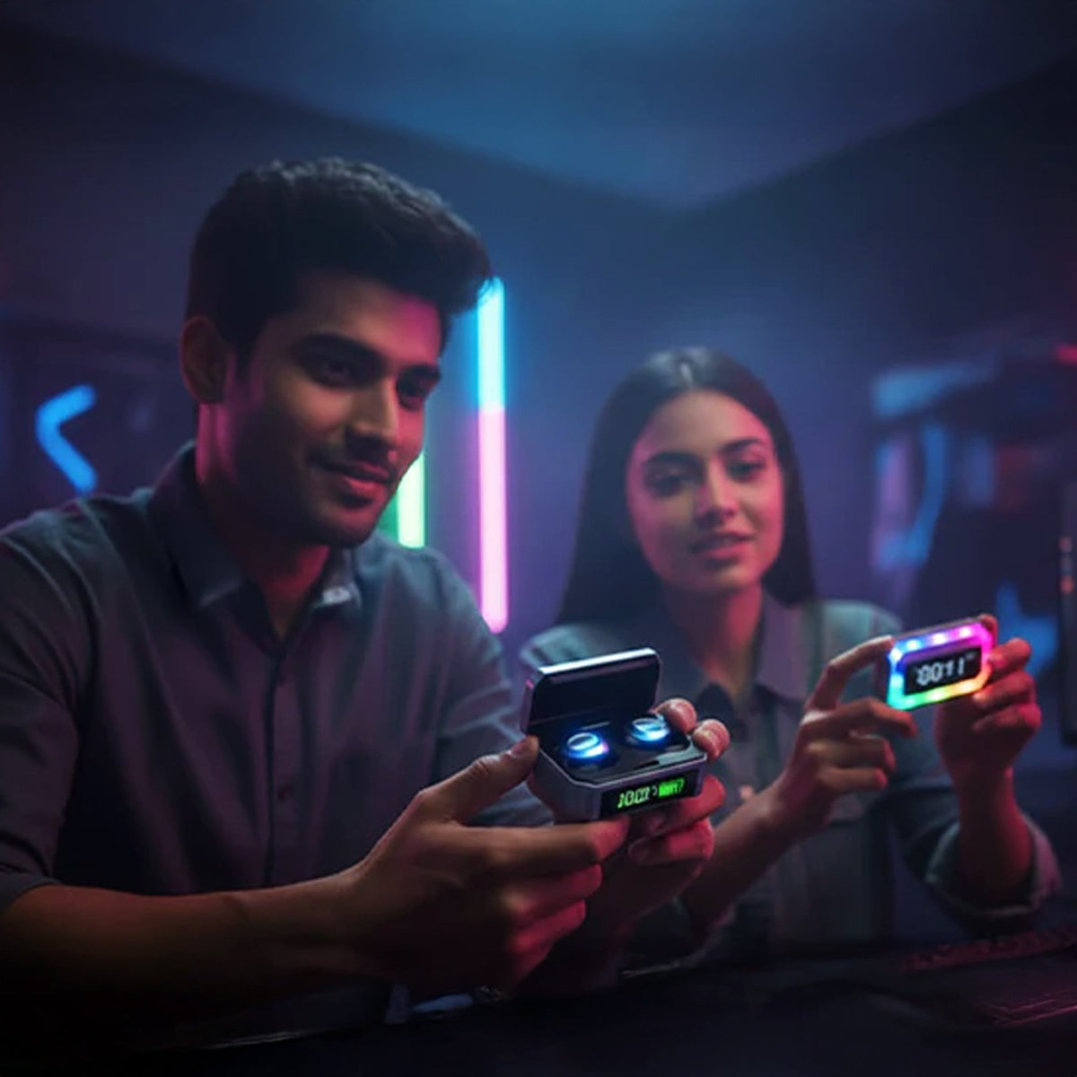 Users showcasing CTRL8 true wireless earbuds with powerbank case and display clock in a gaming setup