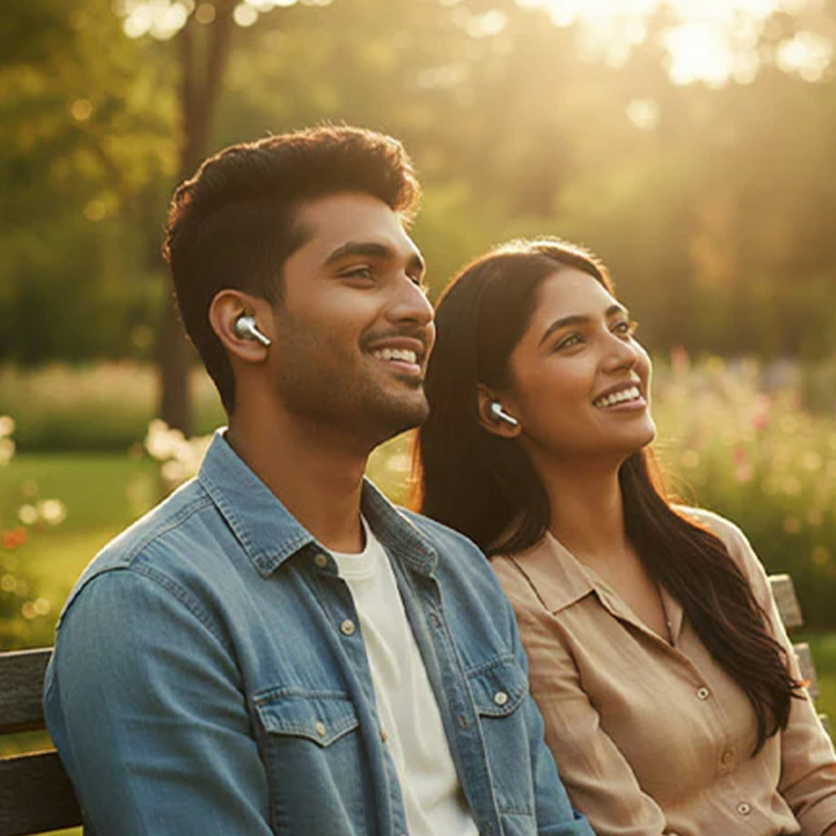 Couple enjoying music outdoors with CTRL8 Pro Sound true wireless Bluetooth earbuds featuring HD sound and long battery life