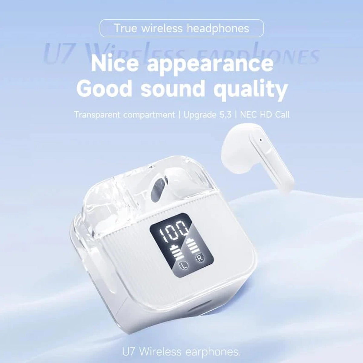 CTRL8 True Wireless Stereo Sound 7 Earbuds featuring LED display and transparent case design with HD sound quality