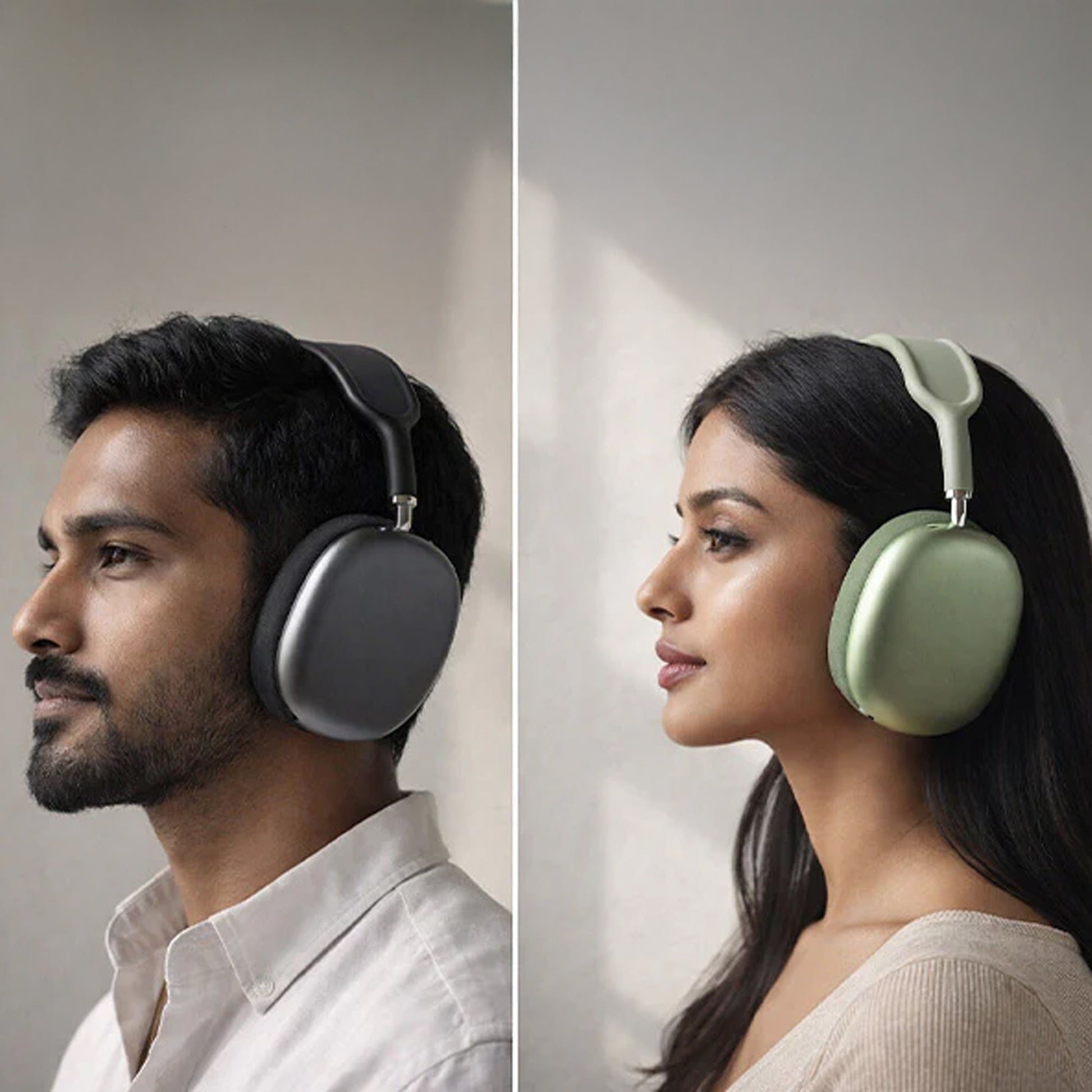 Two individuals wearing CTRL8 Bluetooth headphones with unique design for immersive audio experience indoors
