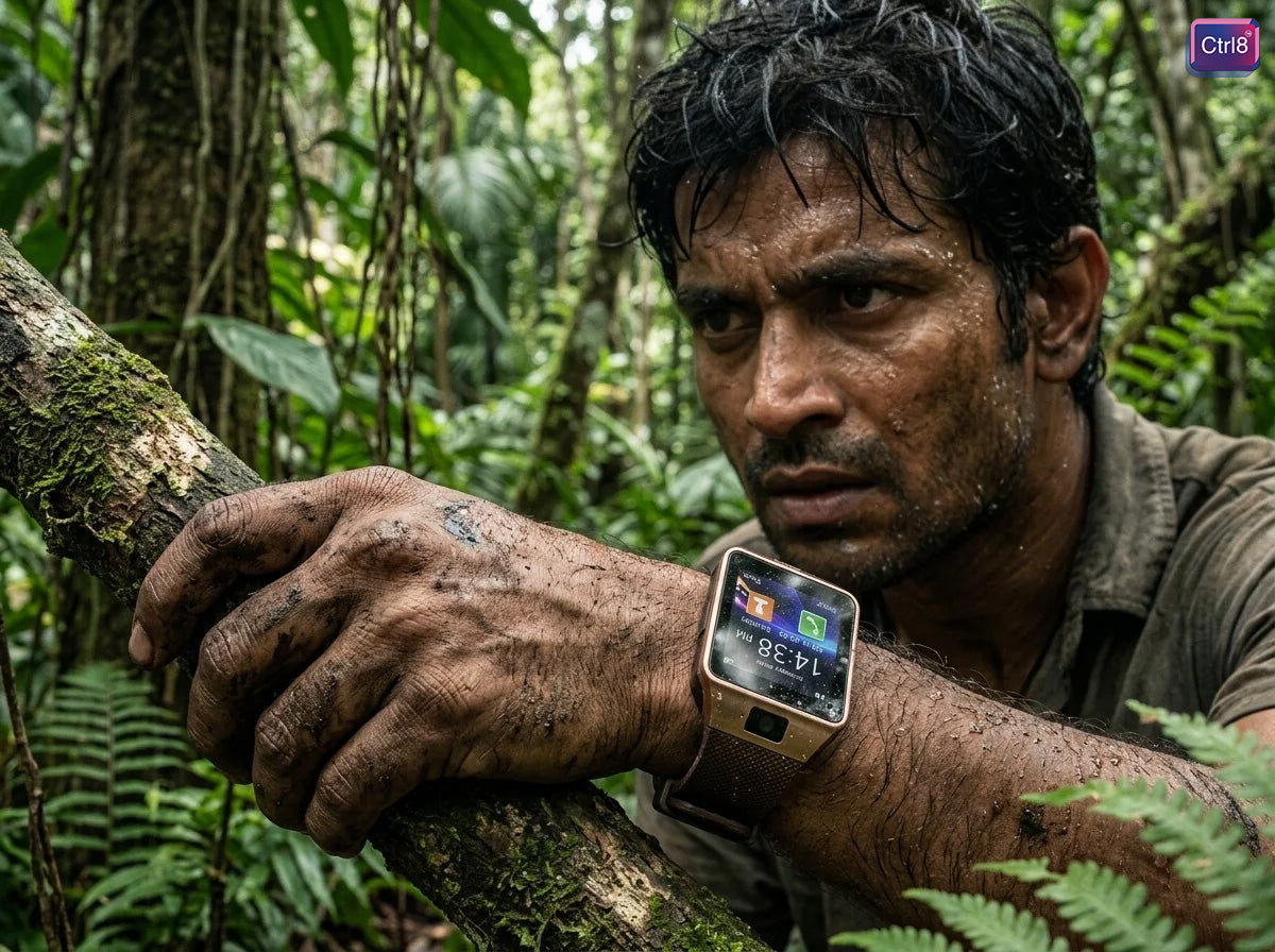Explorer wearing CTRL8 smartwatch with SIM and memory card slot while trekking in a jungle
