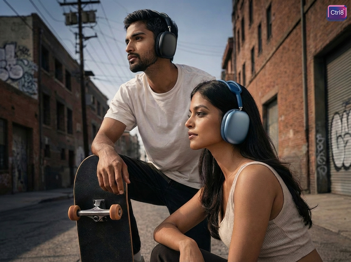 Two users wearing CTRL8 P9 Bluetooth headphones in an urban alley, enjoying music with wireless convenience.