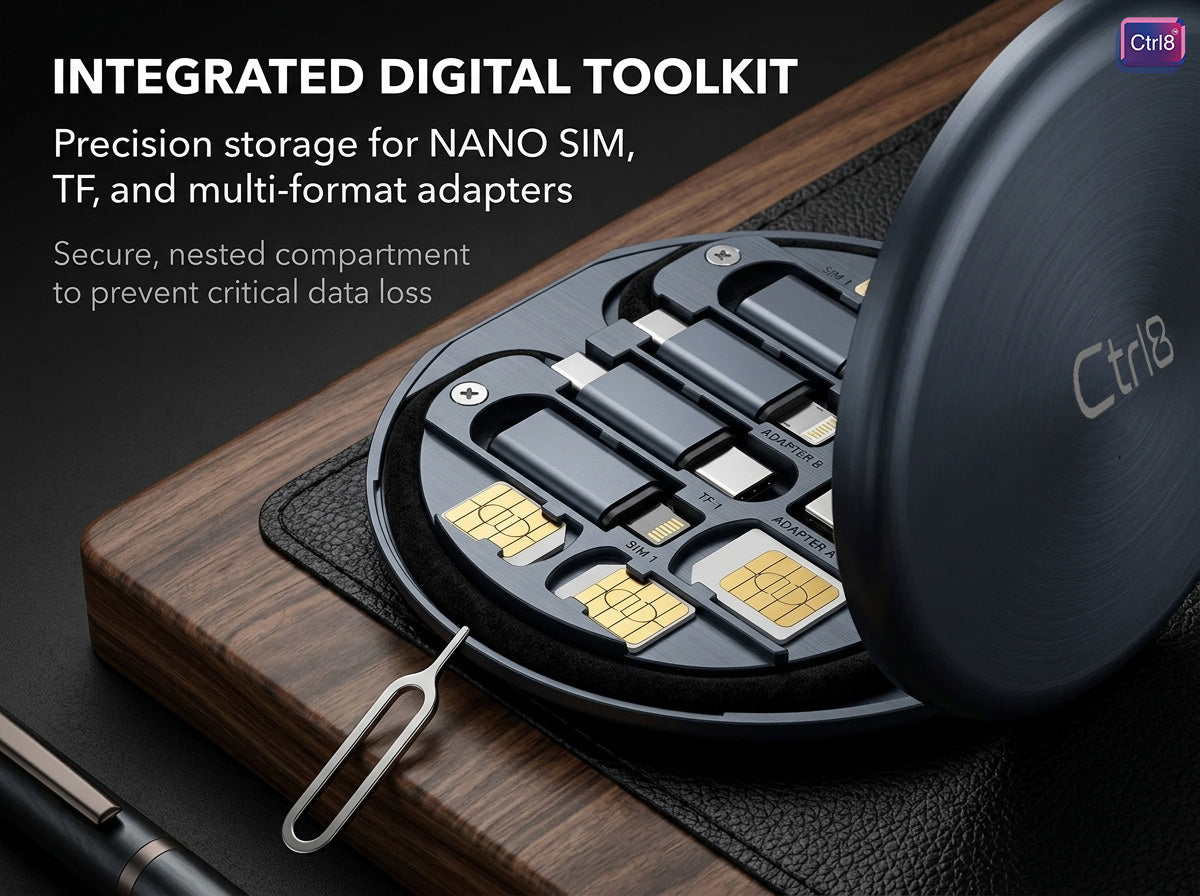 CTRL8 5-in-1 Multi-Connector Fast Charging Cable Kit with precision storage for SIM and adapters in a compact case