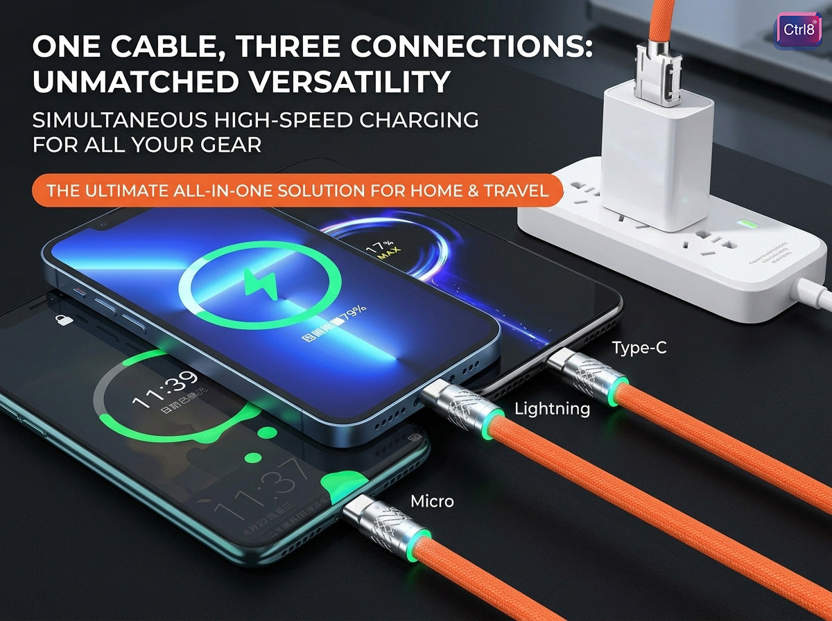 CTRL8 fast charging cable with three connectors—Micro USB, Type-C, and Lightning—offering unmatched versatility and high-speed charging.