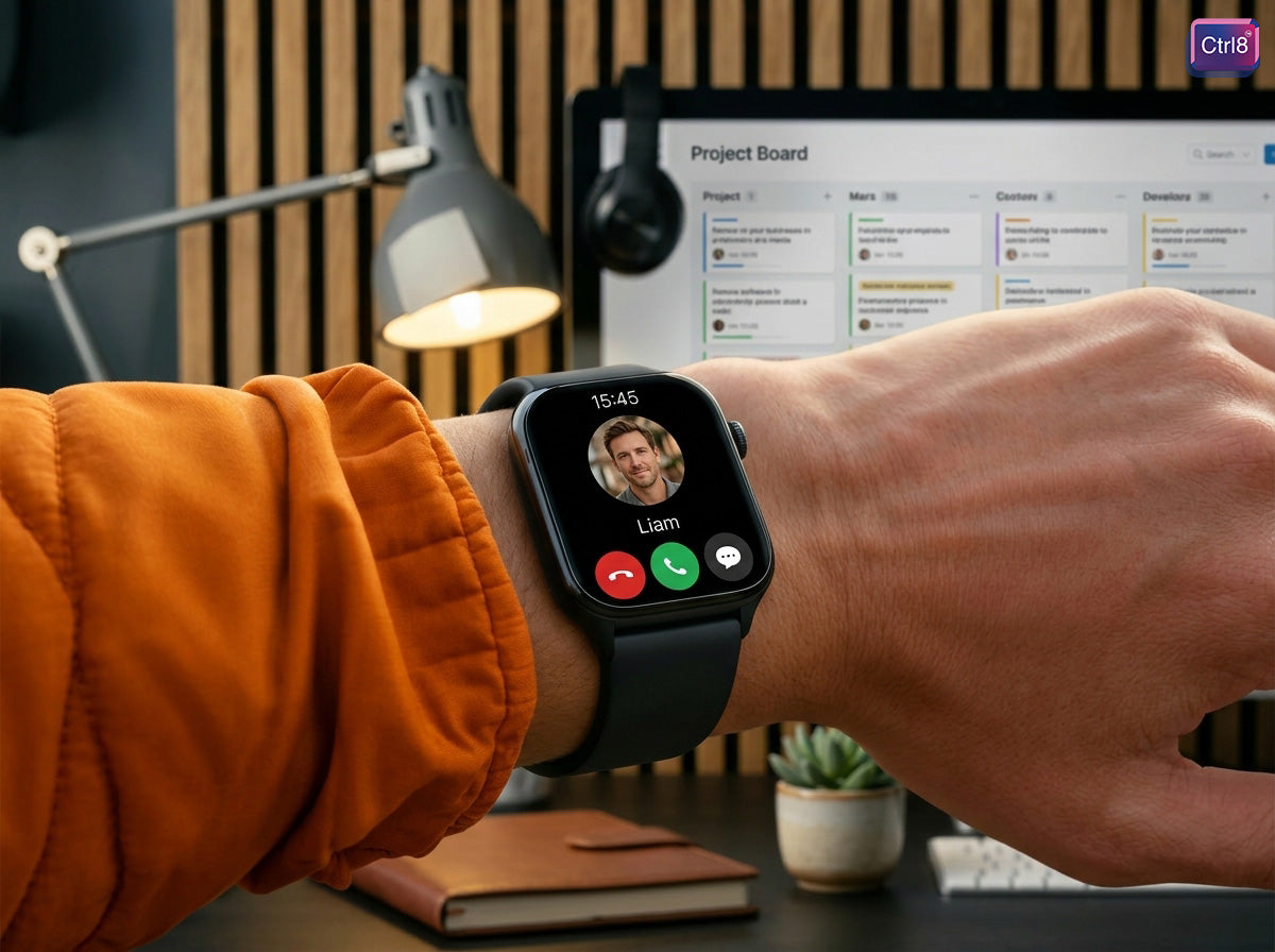 Professional using CTRL8 smartwatch with Bluetooth calling and ECG feature during work setup