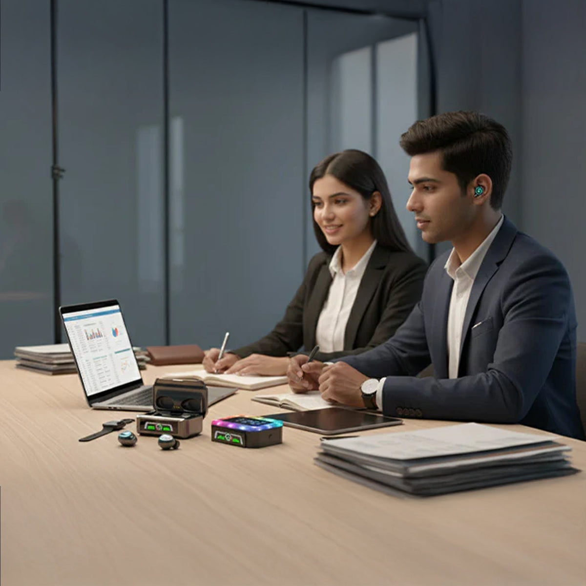 Professionals using CTRL8 true wireless earbuds with powerbank case and display clock during a meeting