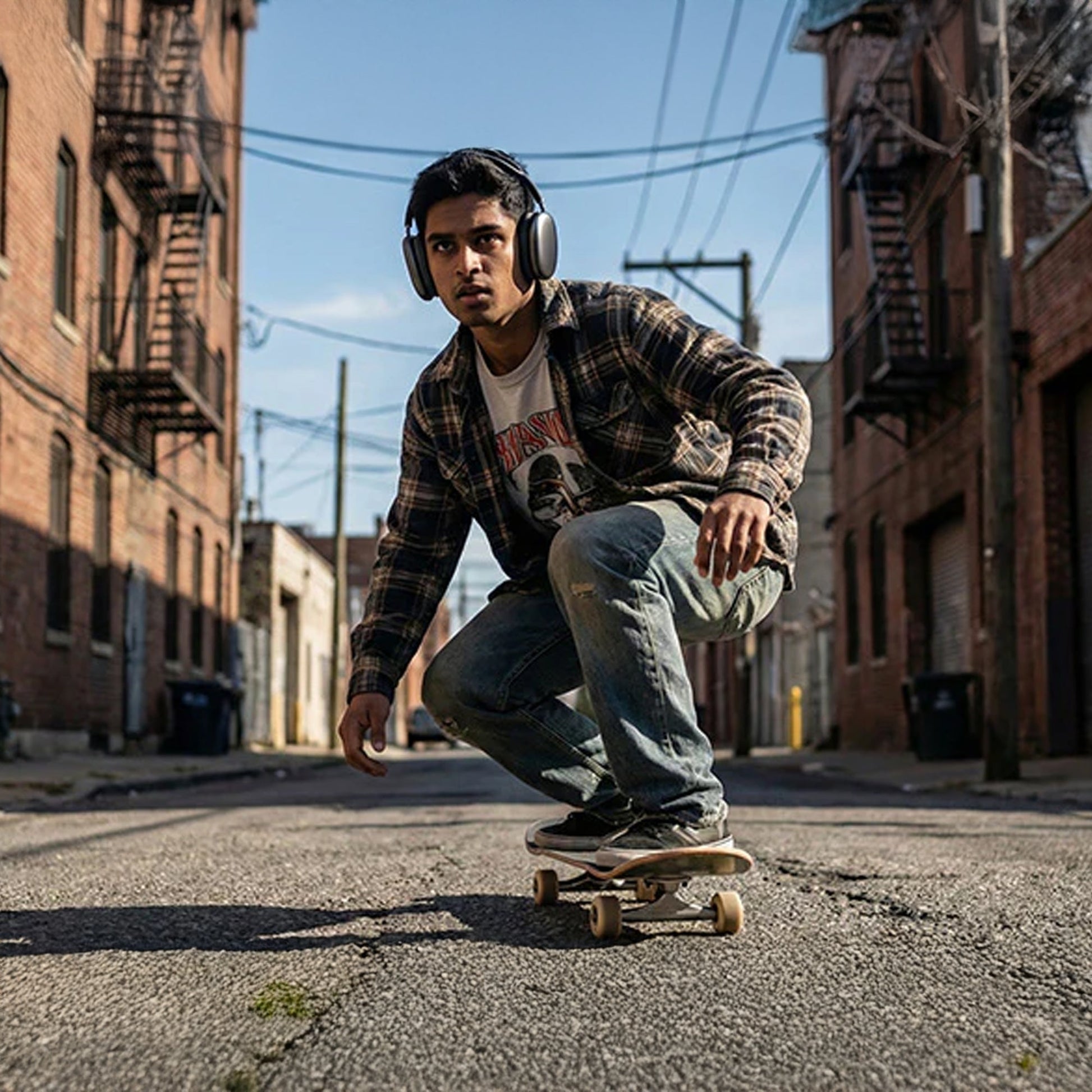 Skateboarder wearing CTRL8 Bluetooth headphones with unique design for outdoor music experience in an urban alley