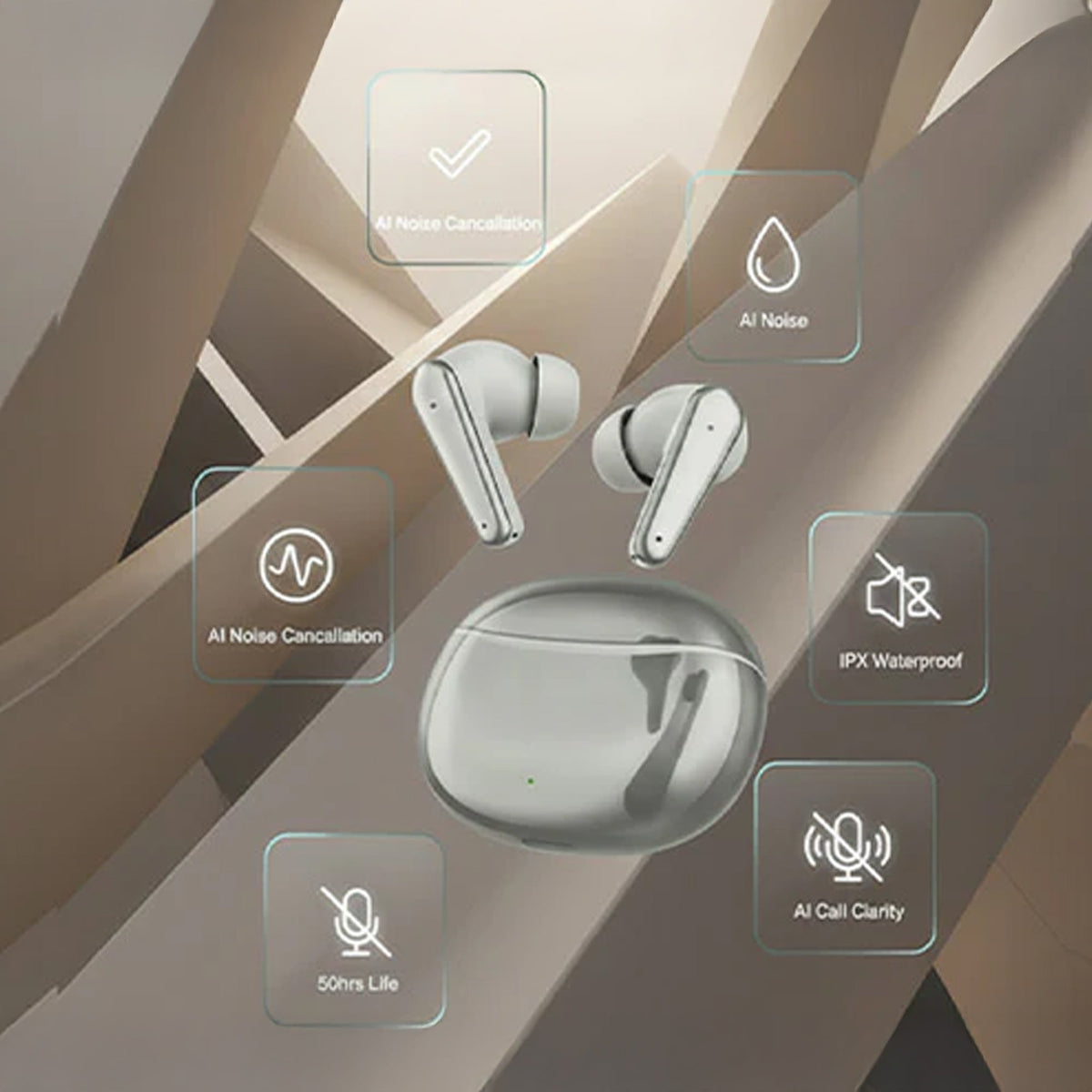 CTRL8 Pro Sound true wireless Bluetooth earbuds featuring AI noise cancellation, IPX waterproof rating, and 50-hour battery life