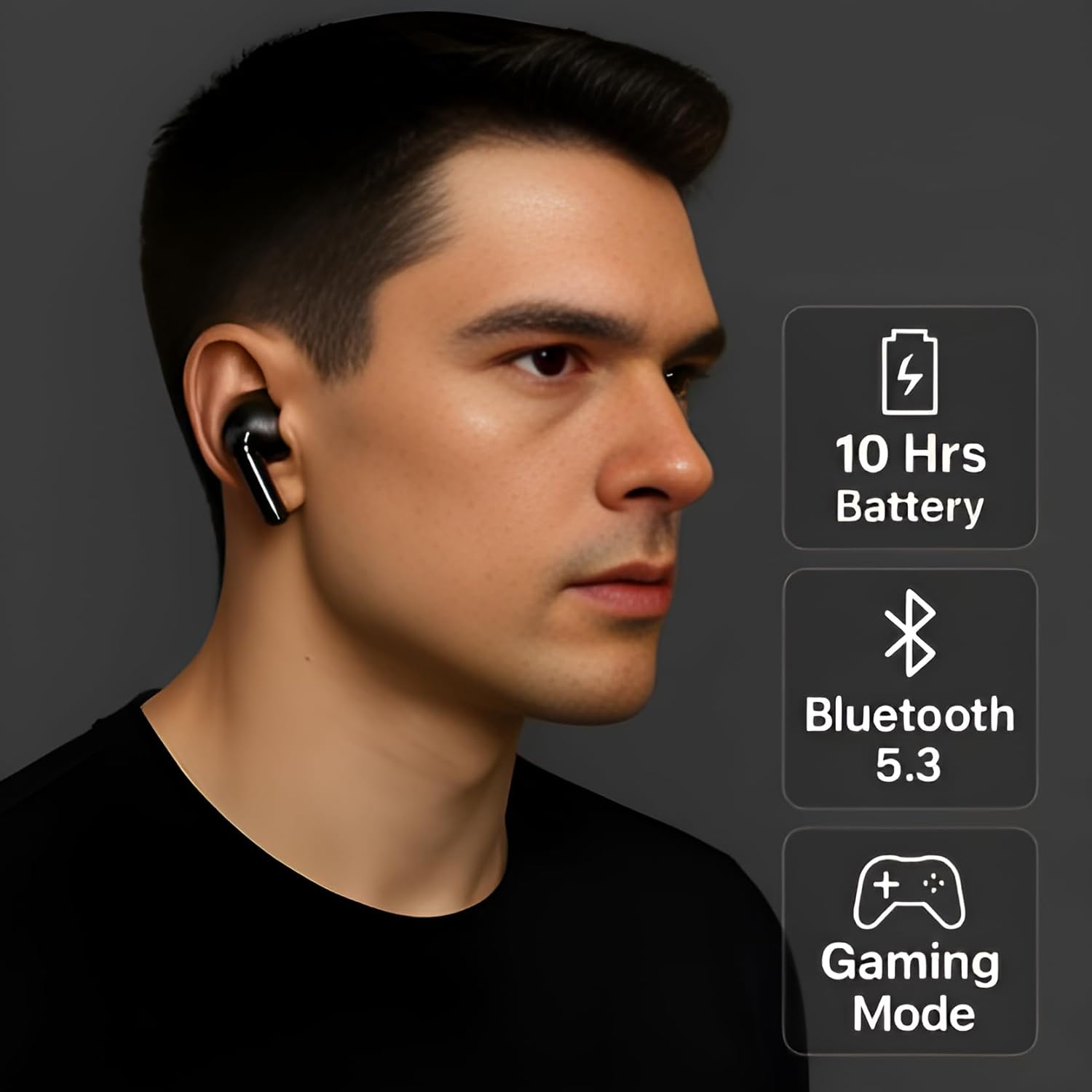 User wearing CTRL8 Wireless Airpods Pro 2-UB true wireless earbuds with Bluetooth 5.3 and gaming mode