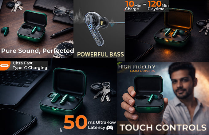 CTRL8 Buds Air 7 Pro true wireless earbuds featuring 50ms ultra-low latency and high-fidelity 13mm drivers