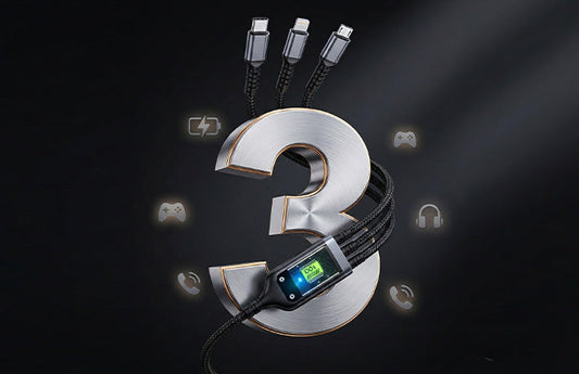 CTRL8 3-in-1 fast charging cable featuring nylon braided design and 3A output for versatile device compatibility