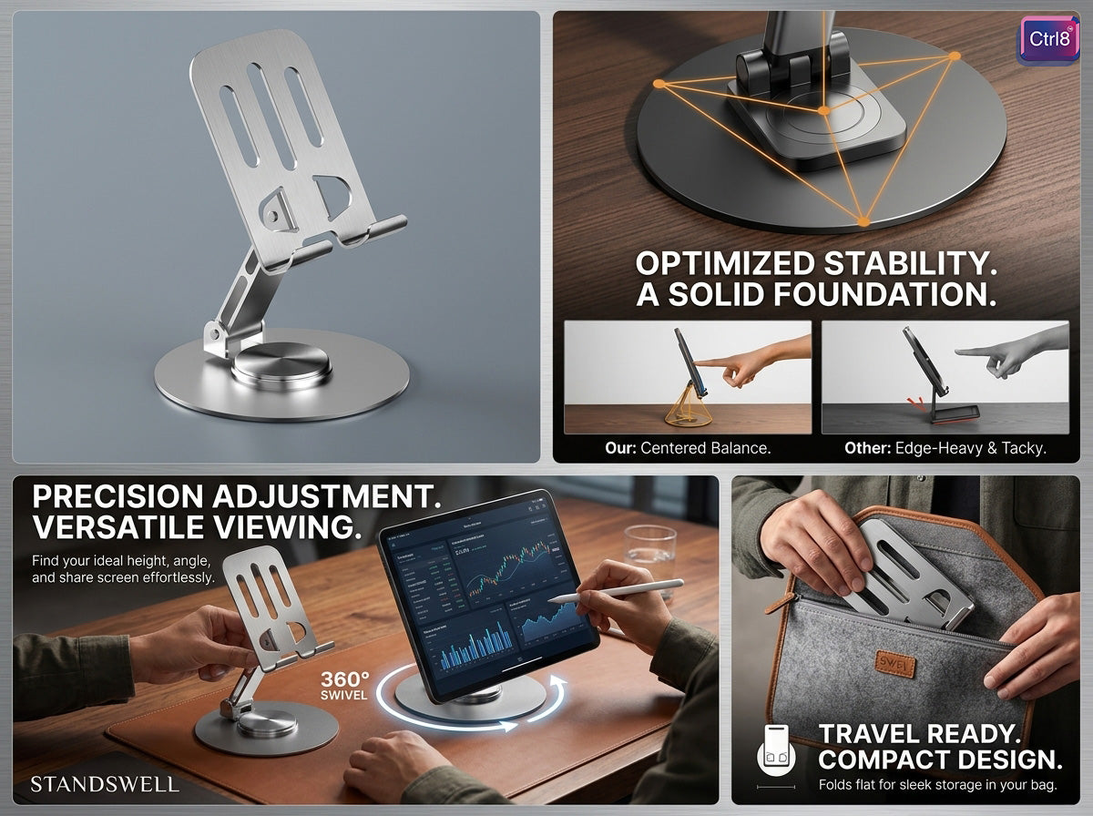 CTRL8 360 adjustable aluminum anti-slip phone stand showcasing optimized stability, precision adjustment, and compact travel-ready design