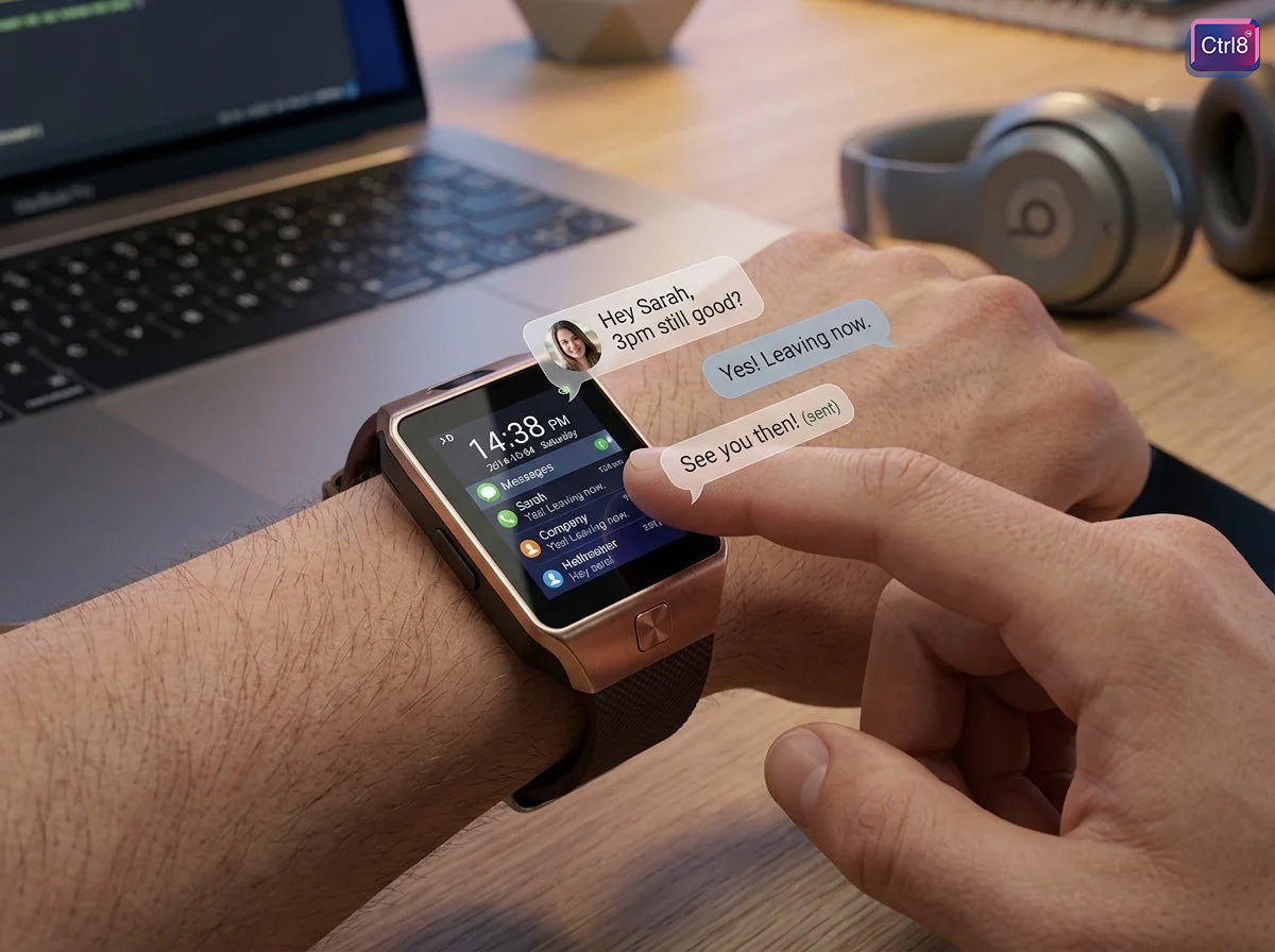 User interacting with CTRL8 smartwatch featuring SIM and memory card slot while checking notifications at a desk