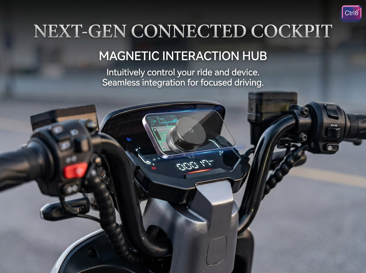 CTRL8 360 Magnetic Mobile Phone Holder used on a motorcycle dashboard for seamless navigation and control