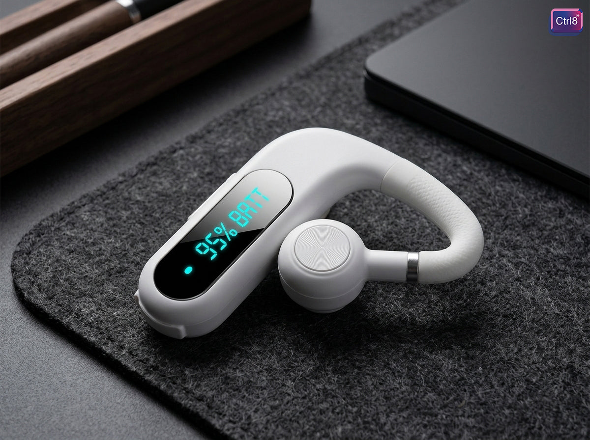 CTRL8 Smart Display Wireless Earbud BM showcasing 95% battery indicator on sleek white design