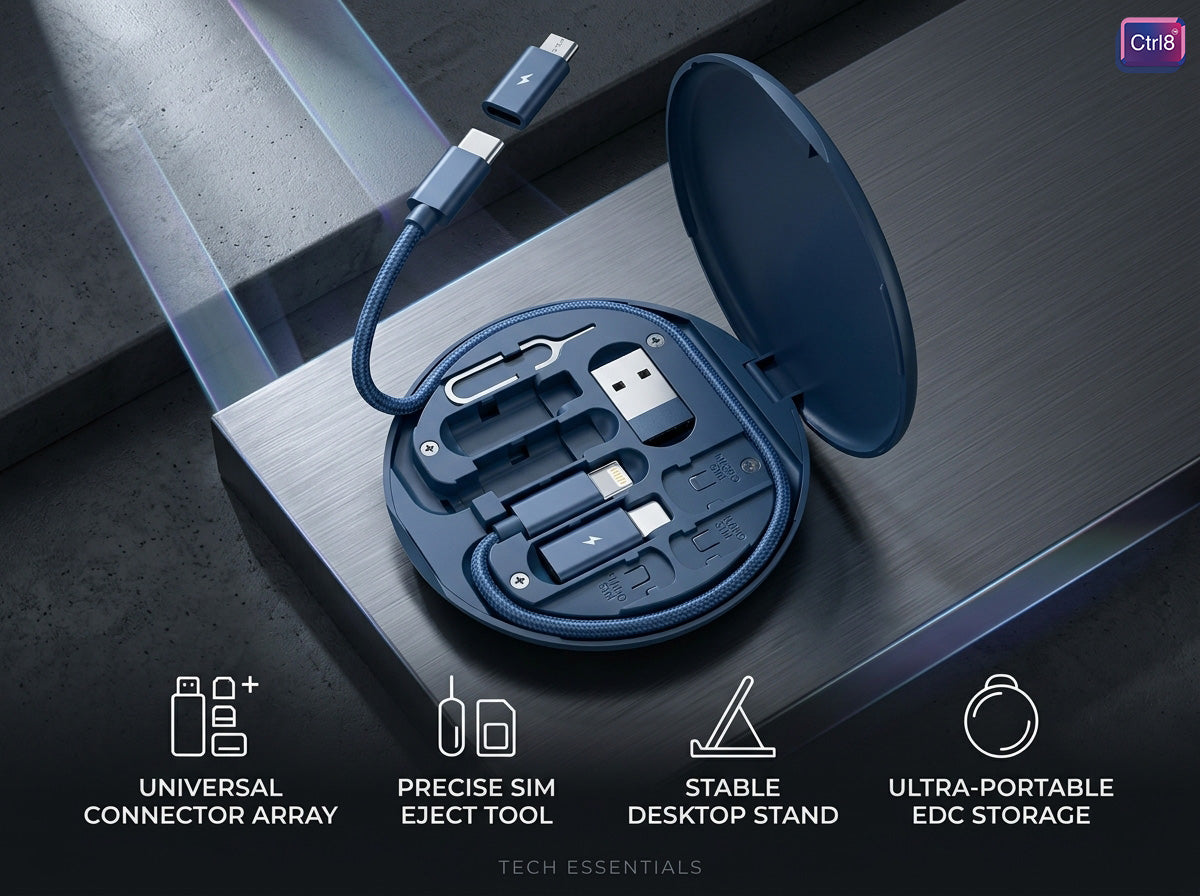 CTRL8 5-in-1 Multi-Connector Fast Charging Cable Kit highlighting universal connector array, SIM eject tool, and portable storage