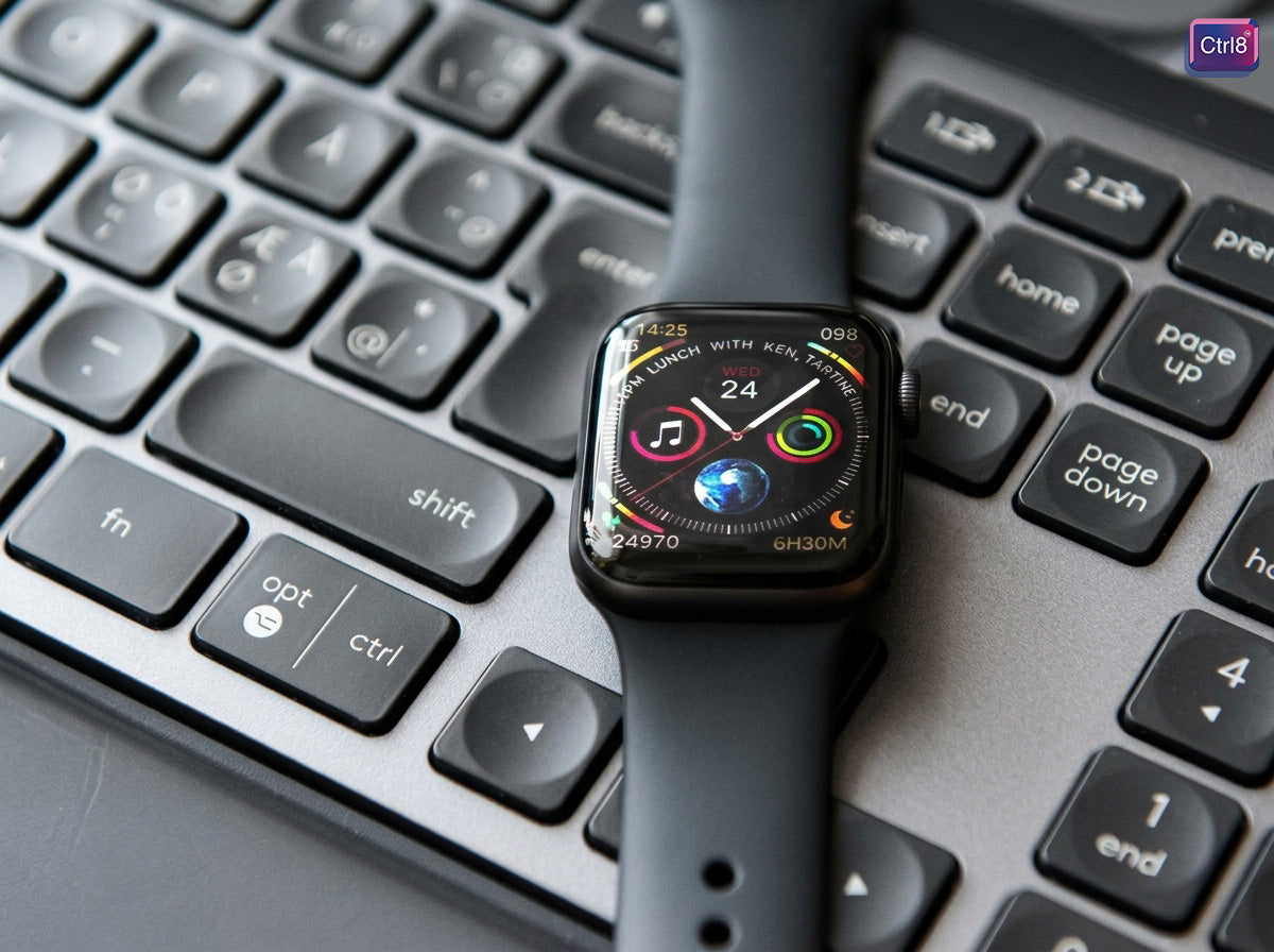 CTRL8 smartwatch placed on a keyboard, highlighting vibrant display and Bluetooth calling feature