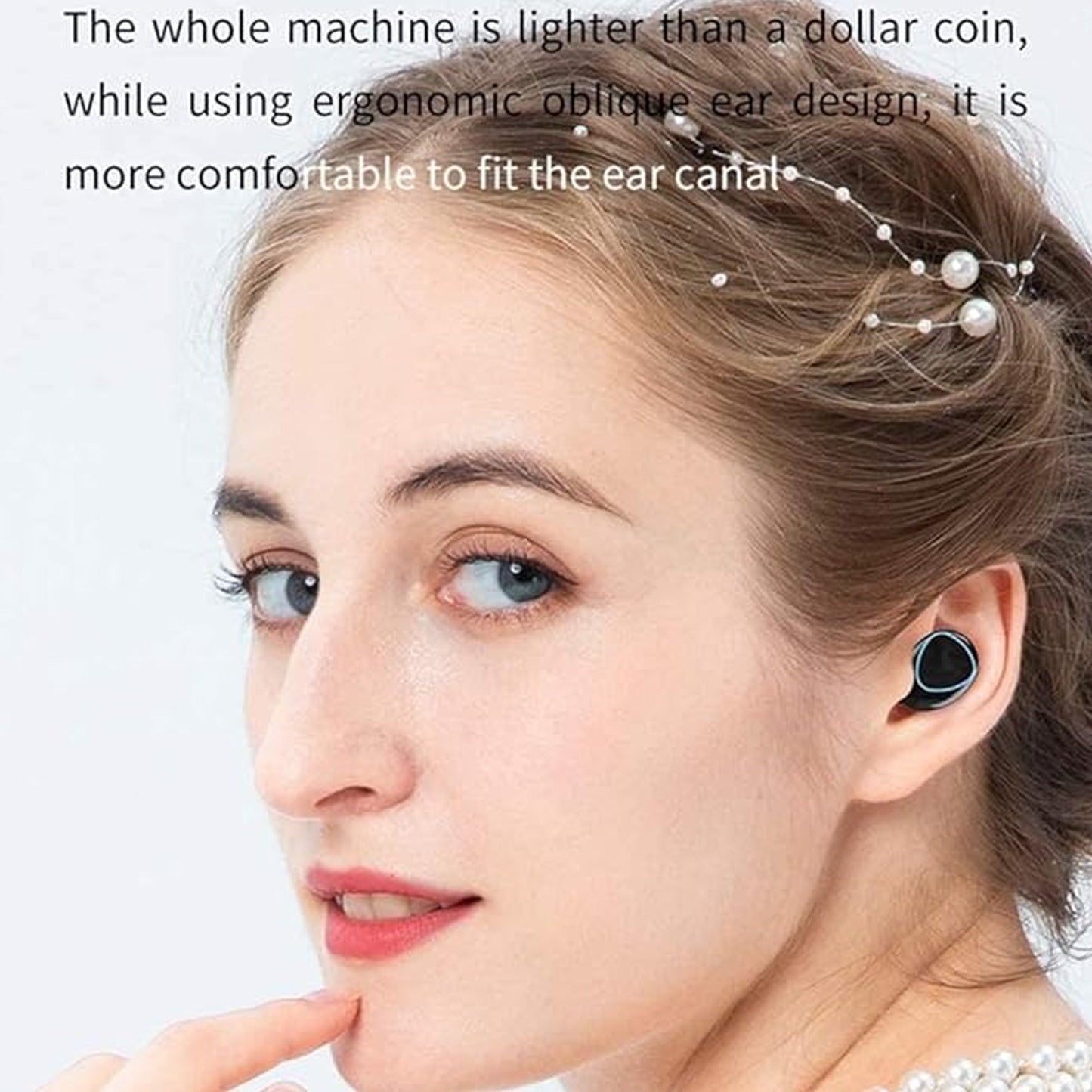 User wearing CTRL8 true wireless earbuds with ergonomic oblique ear design for comfortable fit and noise reduction
