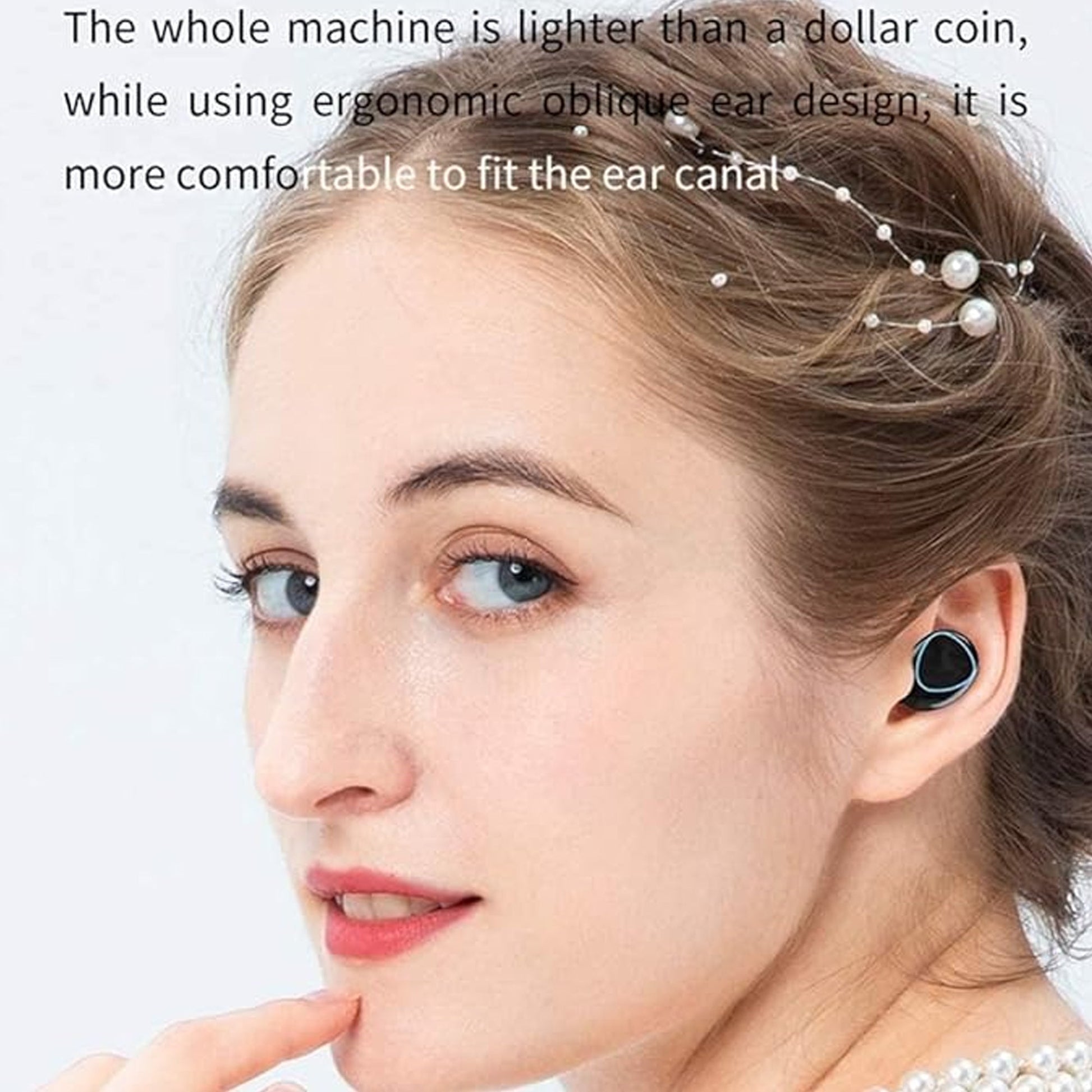 User wearing CTRL8 true wireless earbuds with ergonomic oblique ear design for comfortable fit and noise reduction
