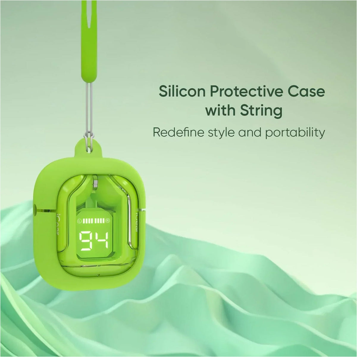 CTRL8 true wireless earbuds UB with a green silicone protective case and digital battery display