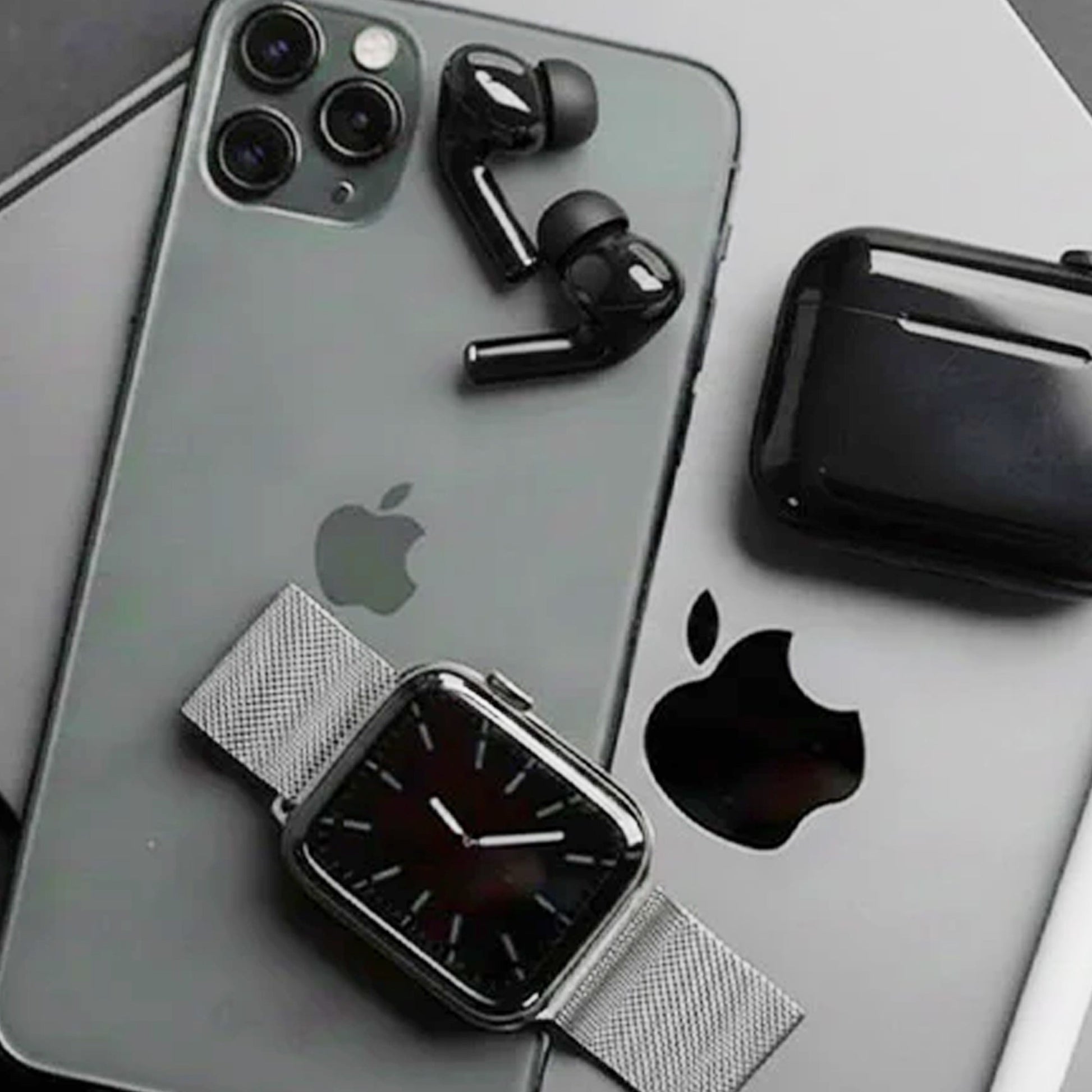 CTRL8 Wireless Airpods Pro 2 displayed with tech gadgets, emphasizing sleek design and compatibility