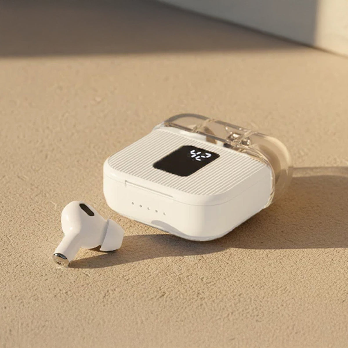 CTRL8 True Wireless Stereo Sound 7 Earbuds with transparent case and LED display in white