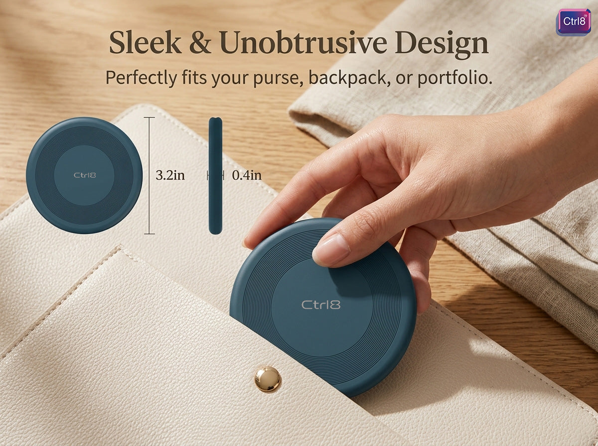 User placing the sleek CTRL8 5-in-1 Multi-Connector Fast Charging Cable Kit into a purse, emphasizing compact travel-friendly design.
