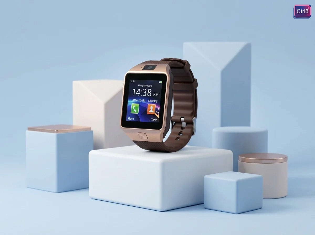 CTRL8 smartwatch with SIM, memory card slot, and camera support in gold finish