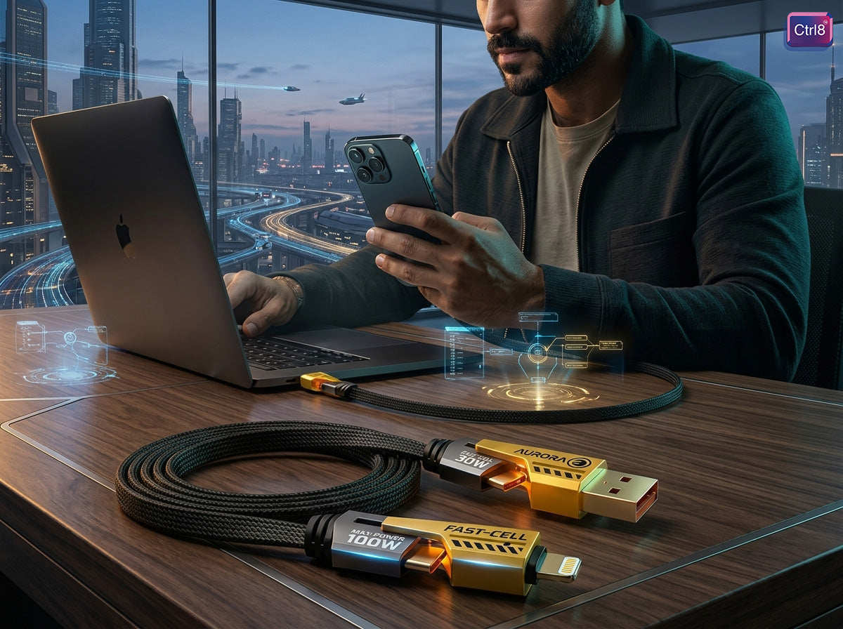 Professional using CTRL8 4-in-1 fast charging cable with Type C ports to charge devices in a futuristic workspace