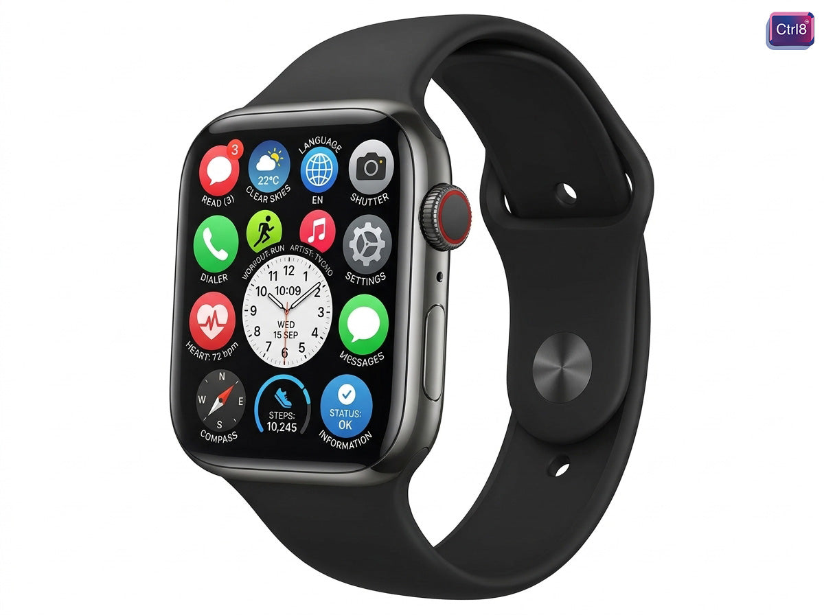 CTRL8 smartwatch with Bluetooth calling, ECG feature, and vibrant app interface in black strap