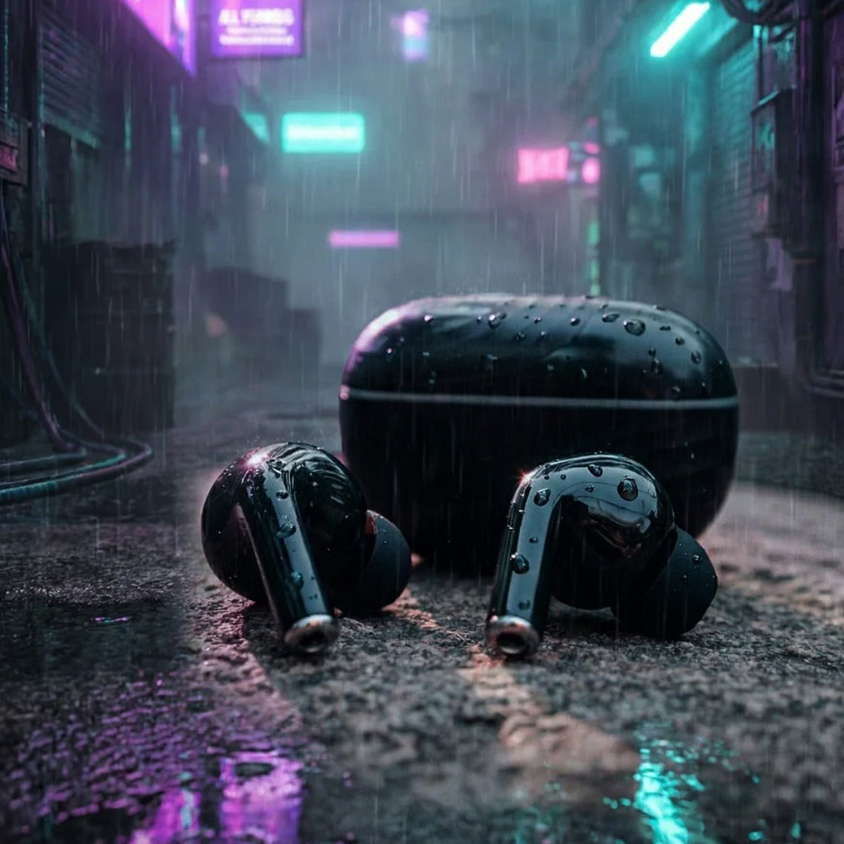 CTRL8 true wireless earbuds in pure black showcased in a rainy urban setting, emphasizing durability and style
