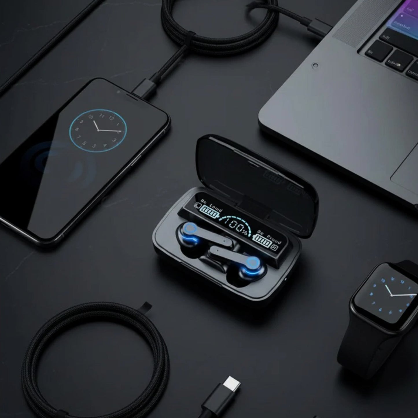 CTRL8 UltraBass M19 true wireless gaming earbuds with LED display placed alongside tech gadgets on a desk