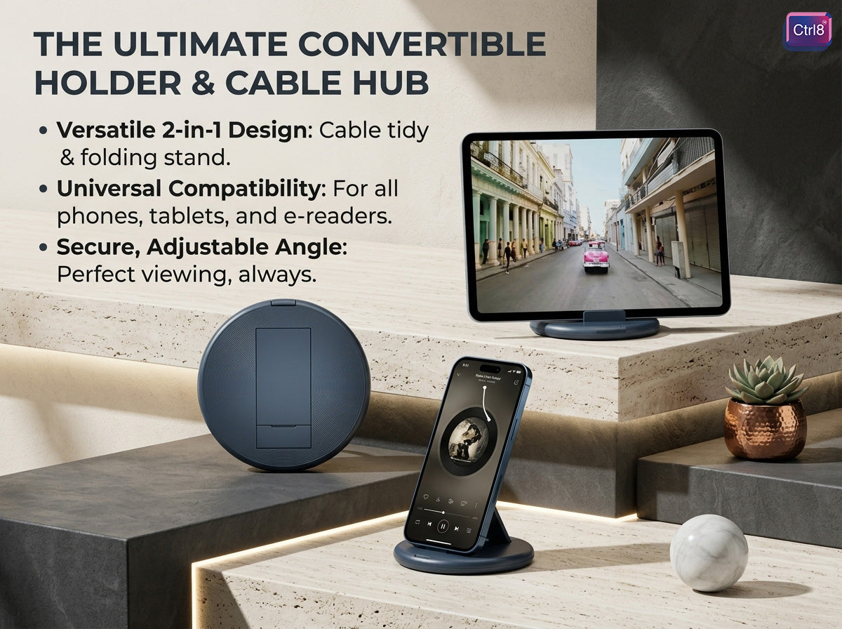 CTRL8 5-in-1 Multi-Connector Fast Charging Cable Kit with universal compatibility and secure adjustable angle stand