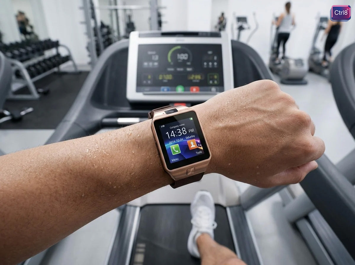 User wearing CTRL8 smartwatch with SIM and memory card slot while exercising on a treadmill in a gym