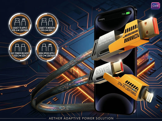CTRL8 4-in-1 fast charging cable showcasing Type C ports, high-speed charging, and power delivery features.
