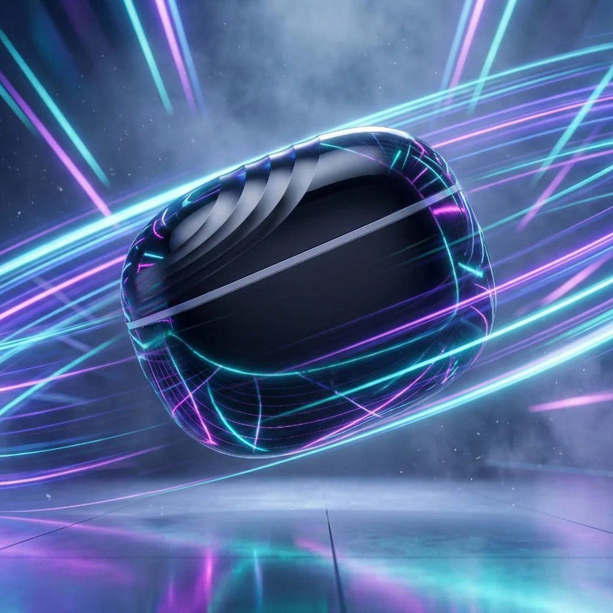 CTRL8 true wireless earbuds case in pure black featuring futuristic design with neon light accents
