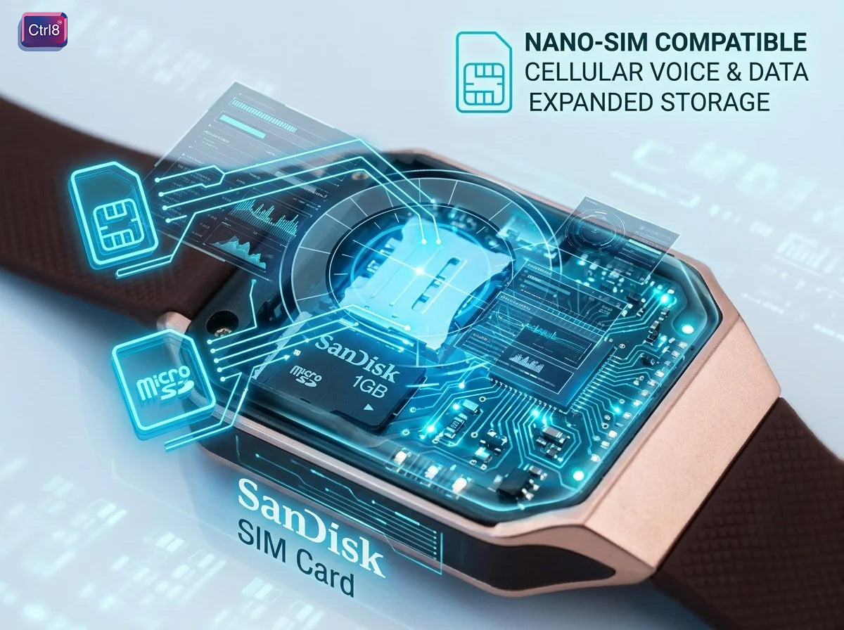 CTRL8 smartwatch featuring nano-SIM compatibility, cellular voice and data, and expanded storage with memory card support